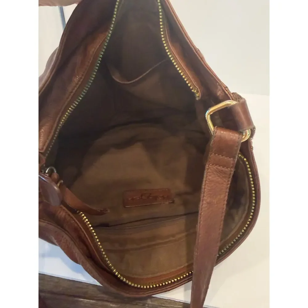 Halogen Brown Leather Medium Chain Accent Expanding Crossbody Purse‎ Bag